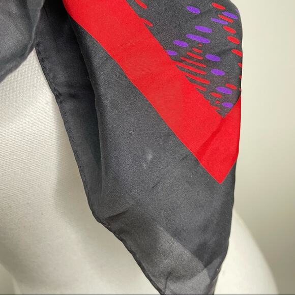 Vintage 80s Christian Dior 100% Silk Black Red Abstract Plaid 30" Square Scarf - Picture 6 of 10